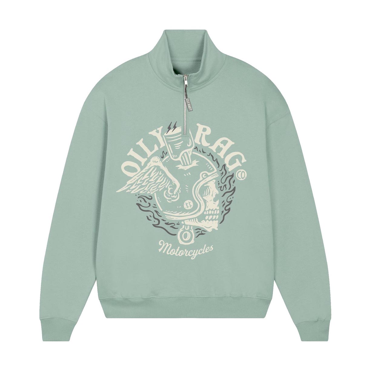 Flaming Skull 1/4 zip Sweatshirt - Aqua | Oily Rag Co