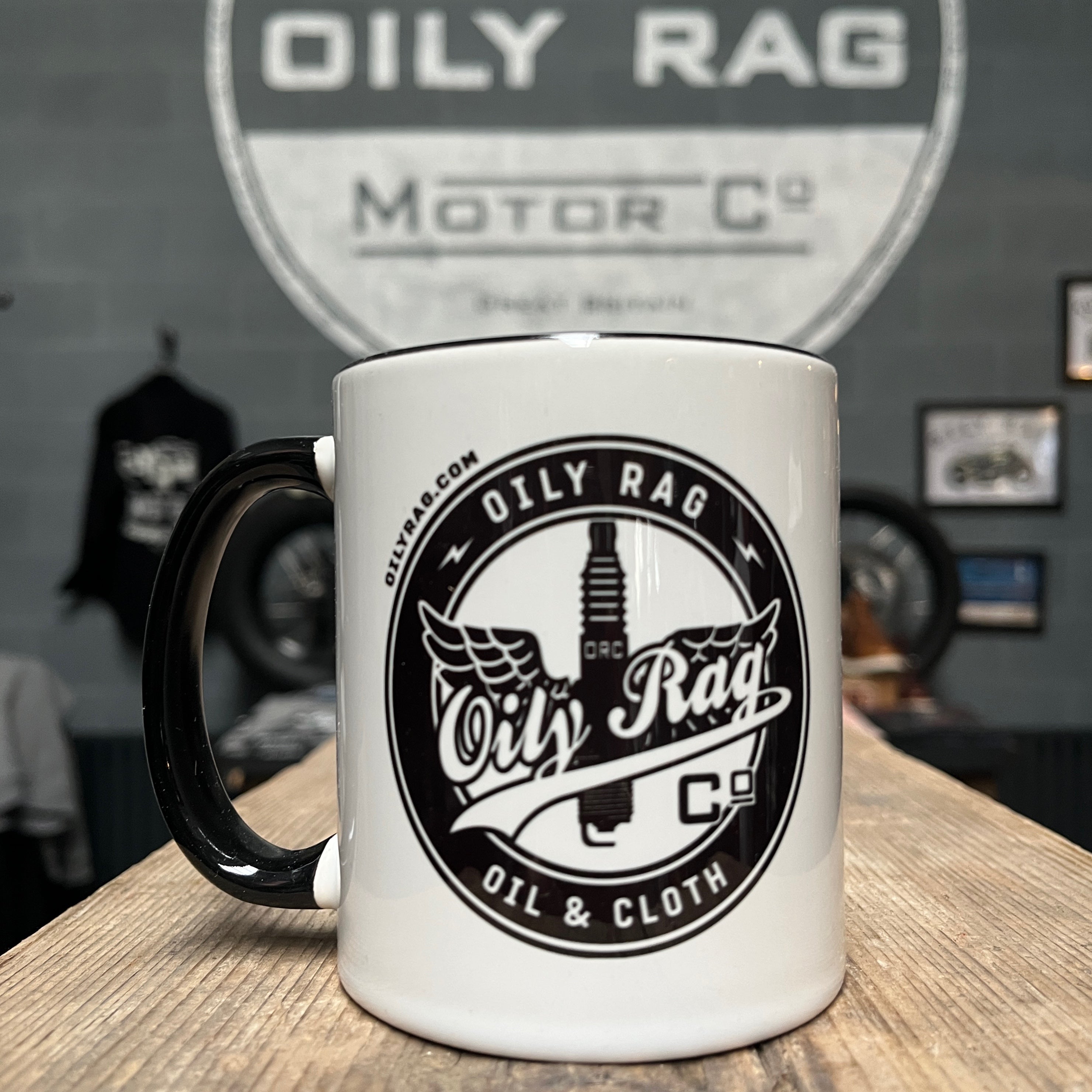 garage mug moto black white cup gift