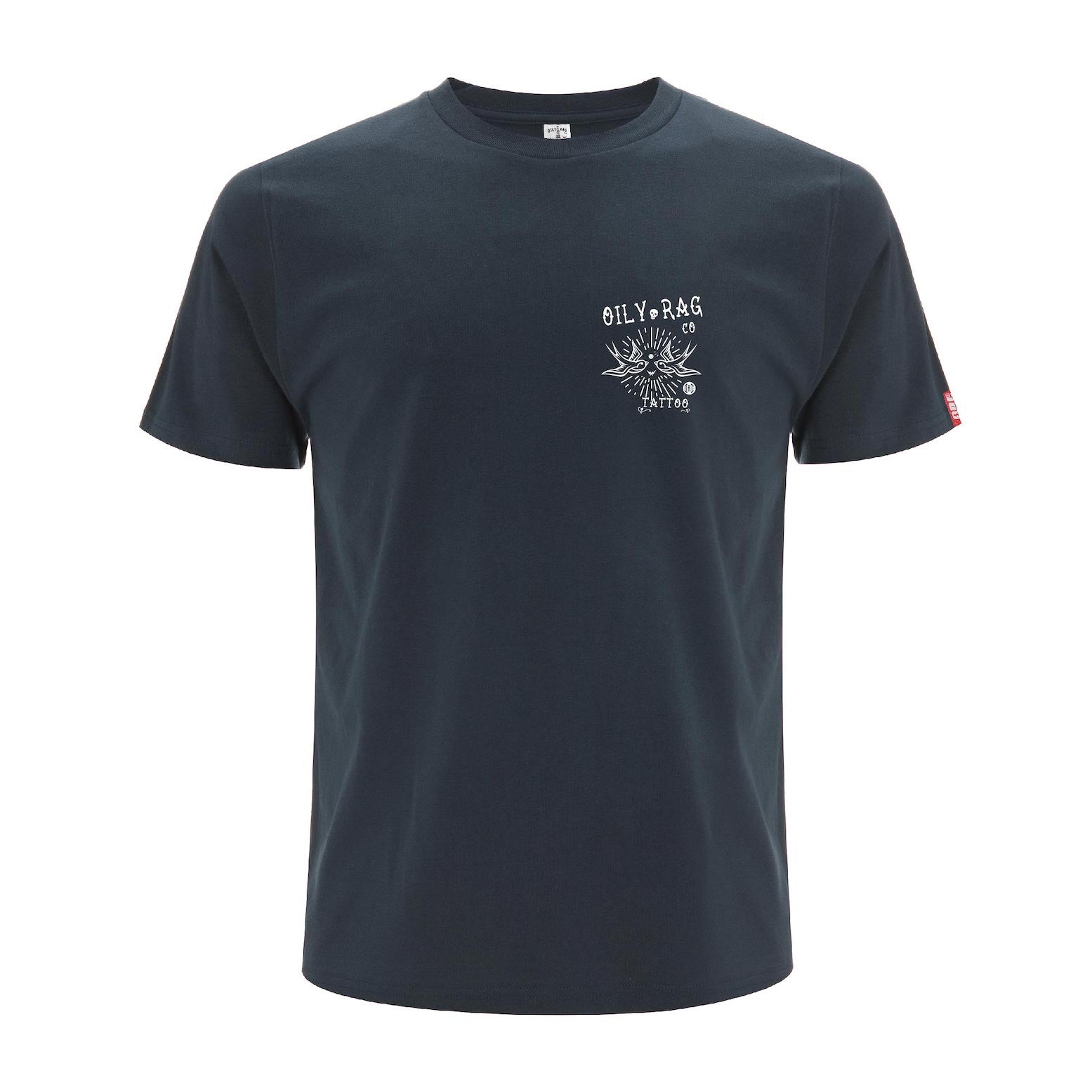 mens t-shirt, front print tee, blue, denim blue, tattoo