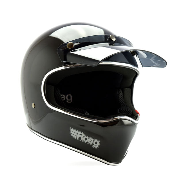 ROEG Peruna full face motorcycle helmet. Gloss black with peak.