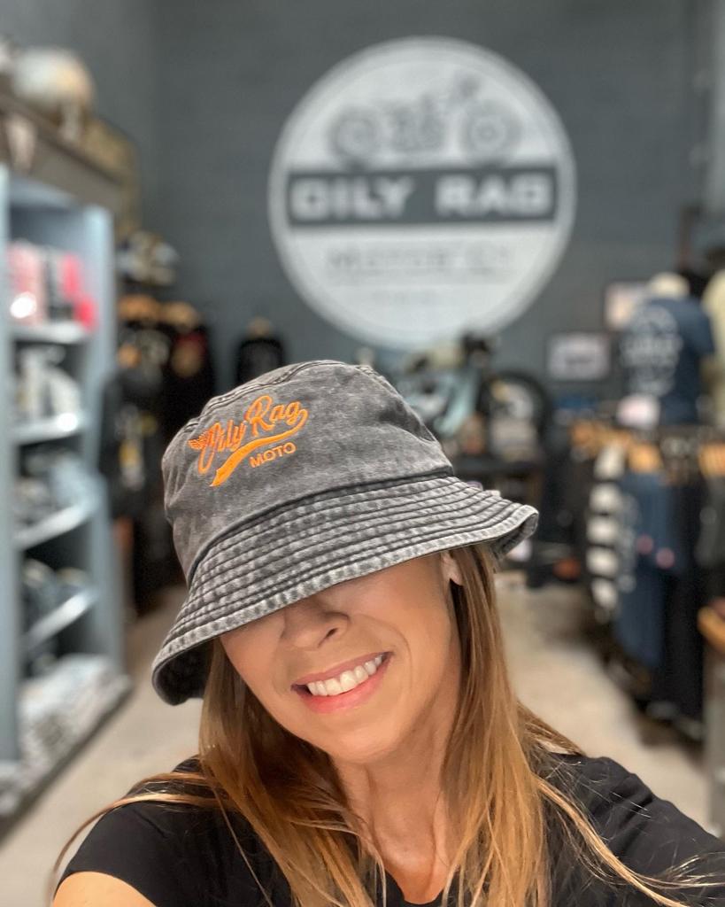 bucket hat, headwear, hat, orange logo, charcoal, washed denim, hat