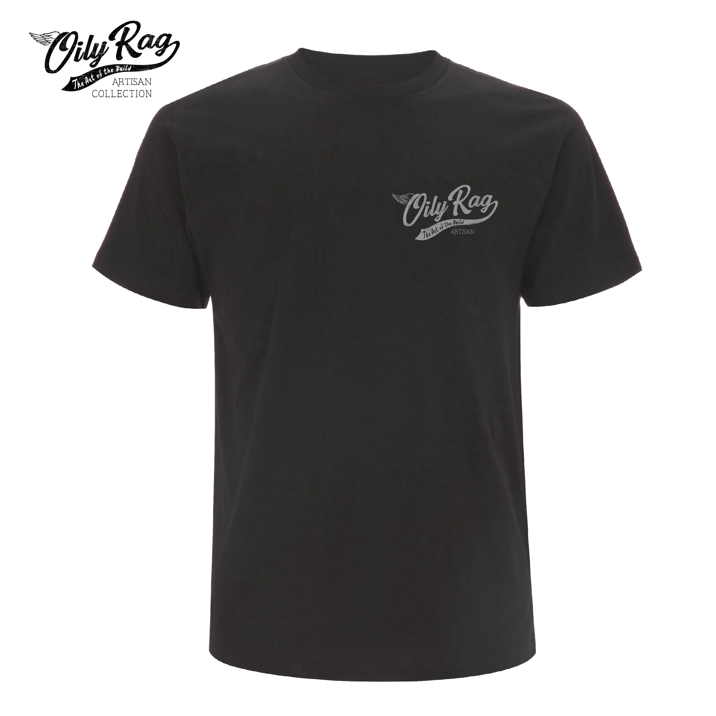 black tshirt, cotton, artisan, garage, oil, grey, graphite