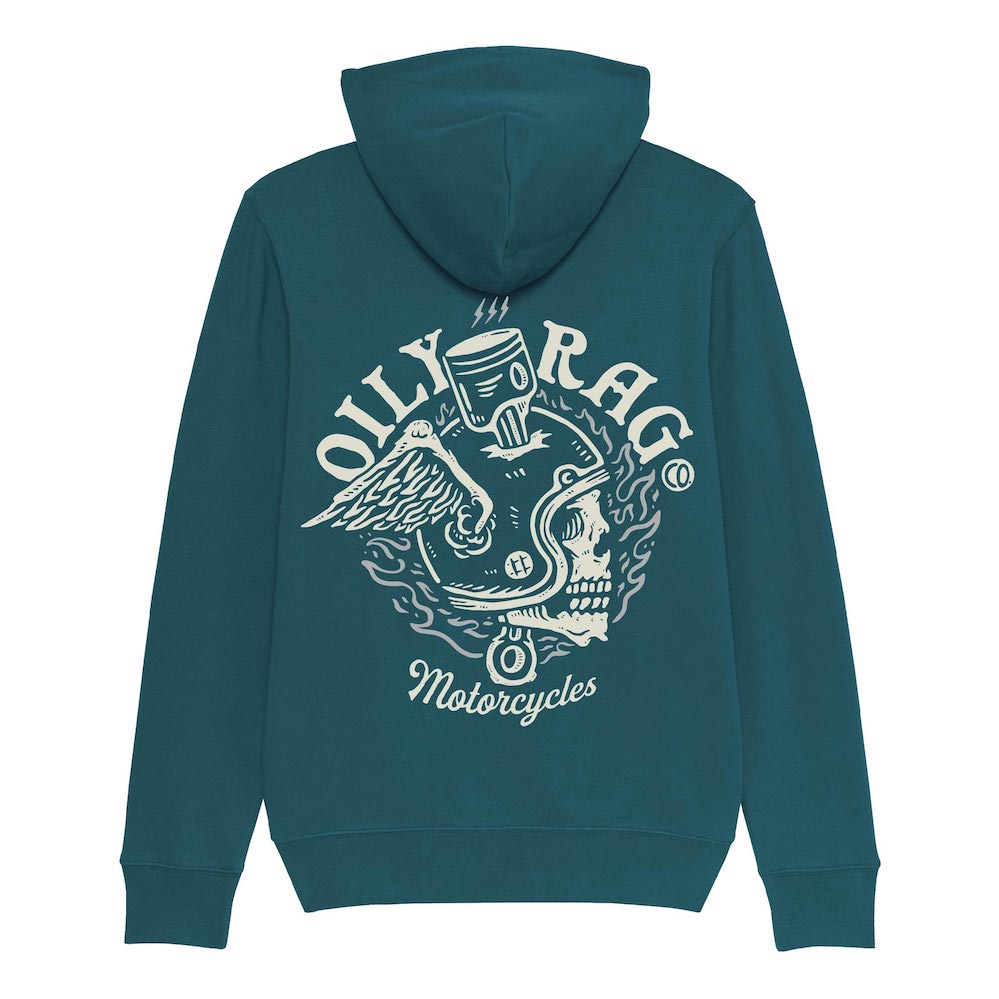 Flaming Skull Helmet Zip-Thru Hoodie - Back Print - Unisex - Teal | Oily Rag Co
