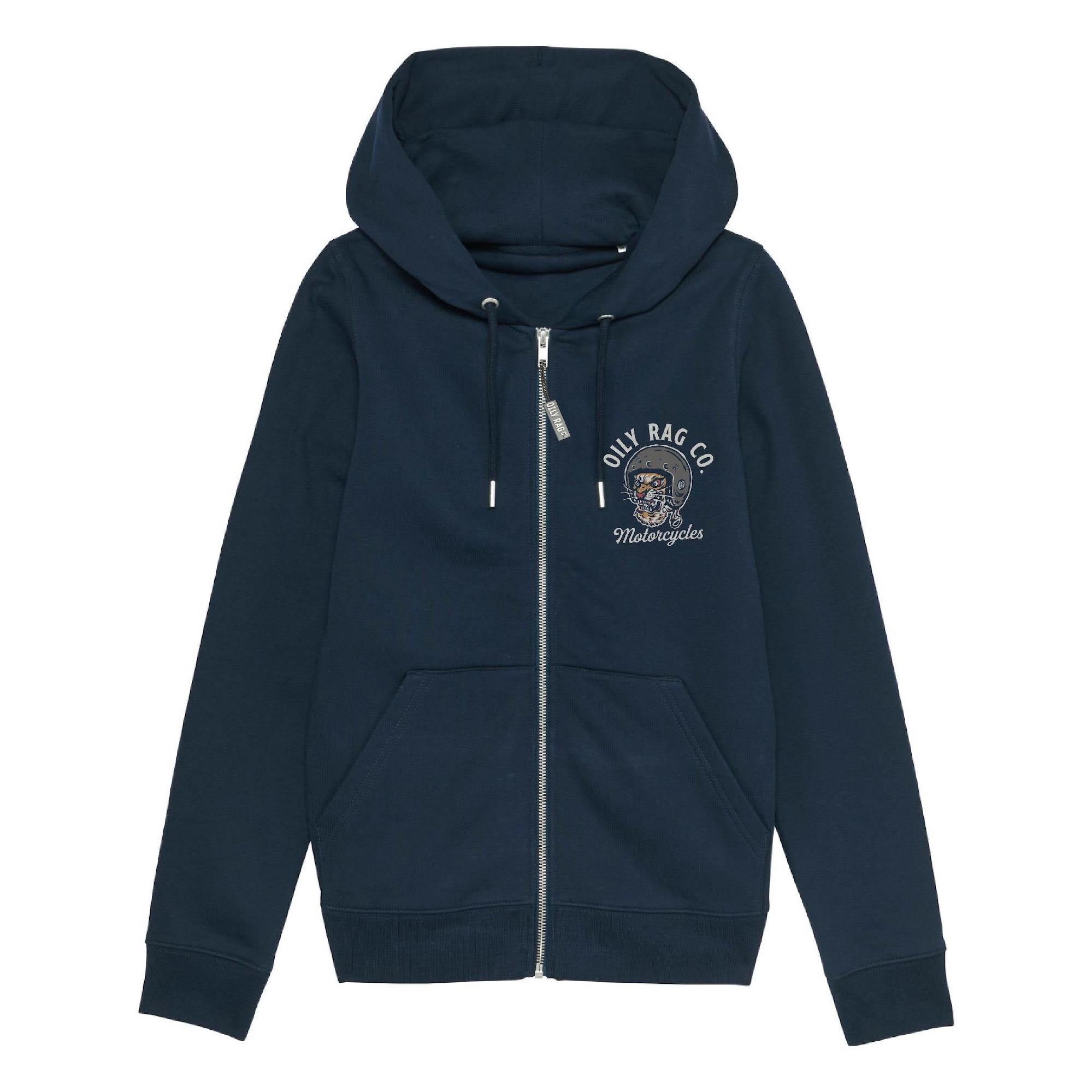 Womens Moto Tiger Zip-Thru Hoodie - Navy Blue | Oily Rag Co