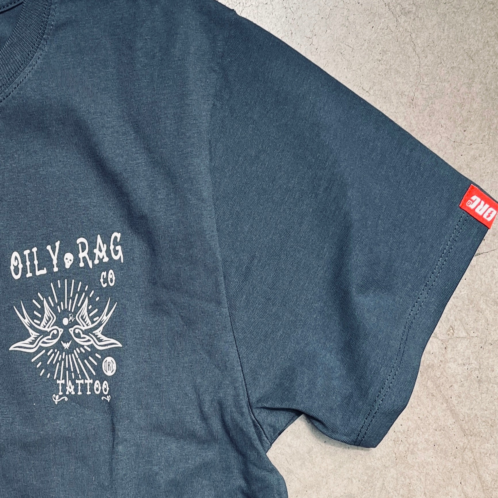 Oily Rag Co Tattoo T-shirt - Back Print - Denim Blue