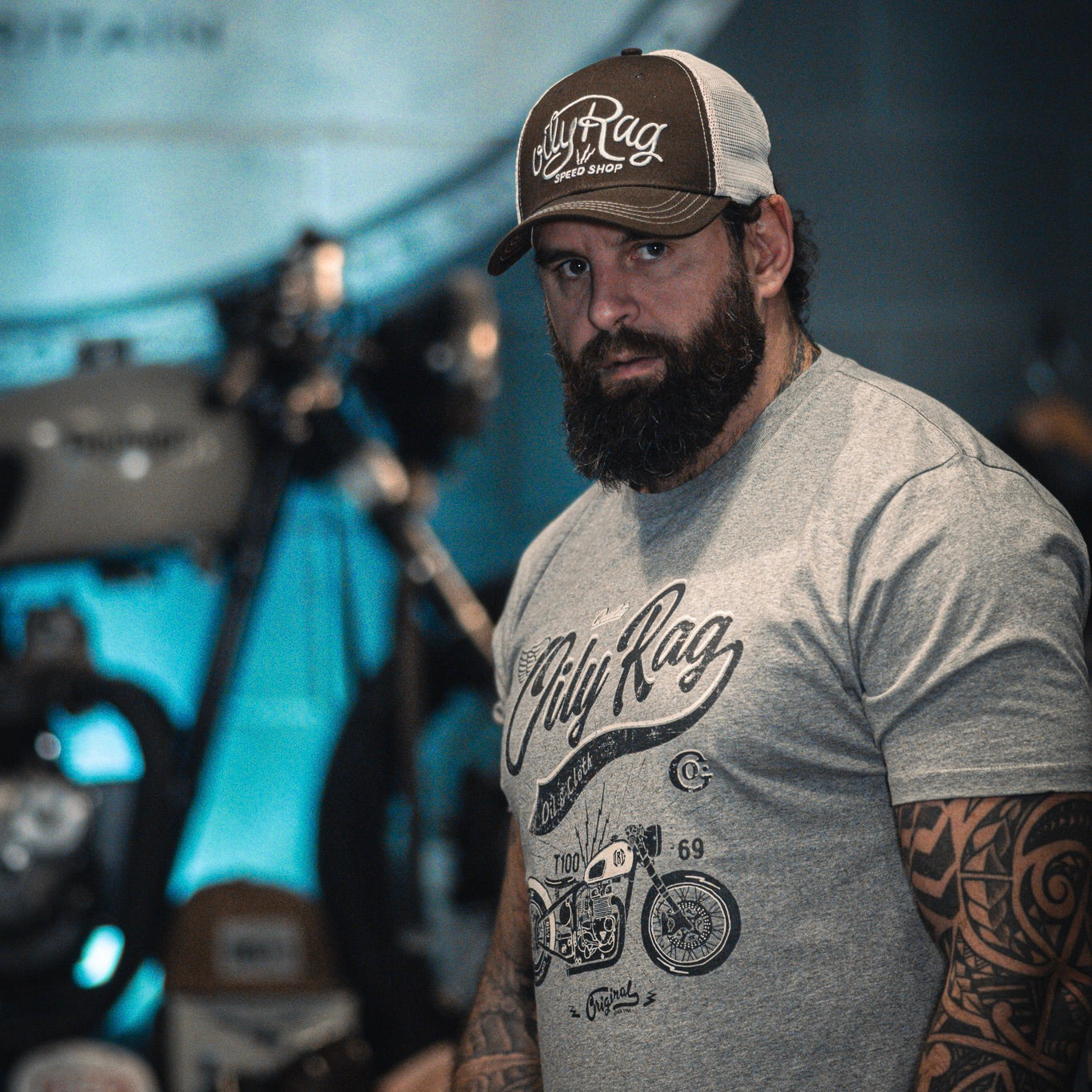 trucker cap, biker, tshirt, grey, mens cassaul top, beard