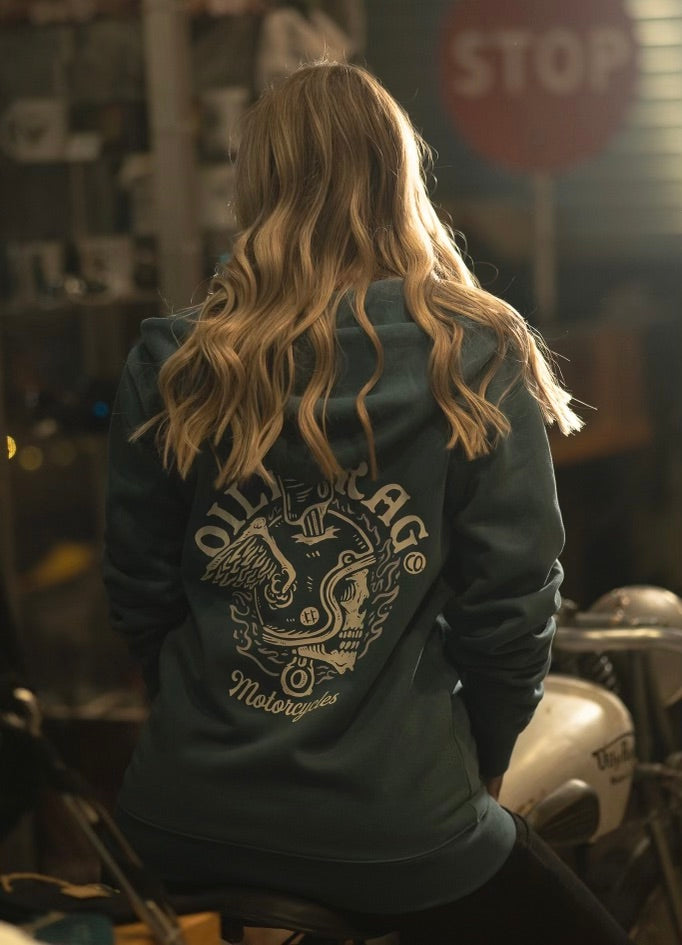 Flaming Skull Helmet Zip-Thru Hoodie - Back Print - Unisex - Teal