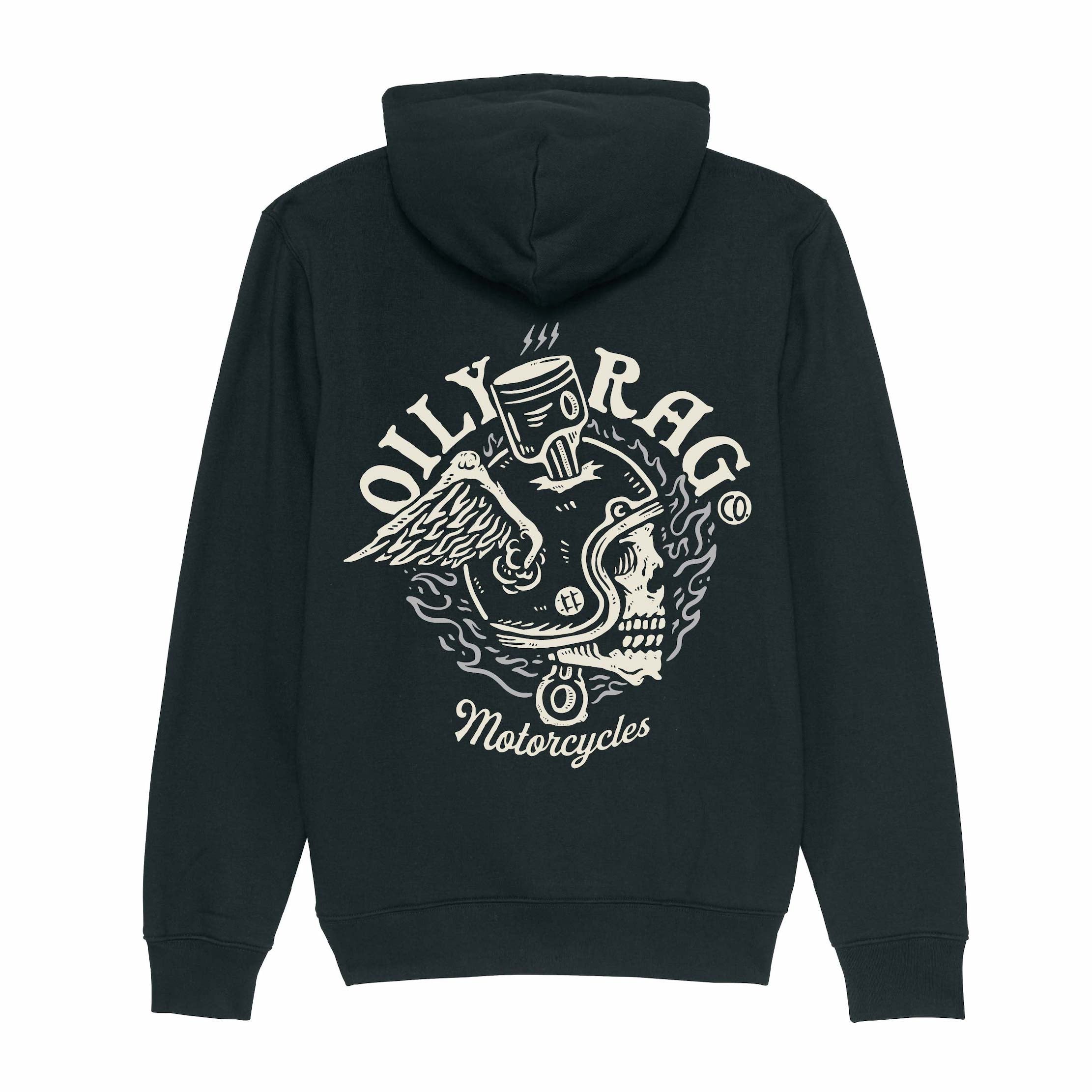 Flaming Helmet Pullover Hoodie - Front / Back Print - Black | Oily Rag Co