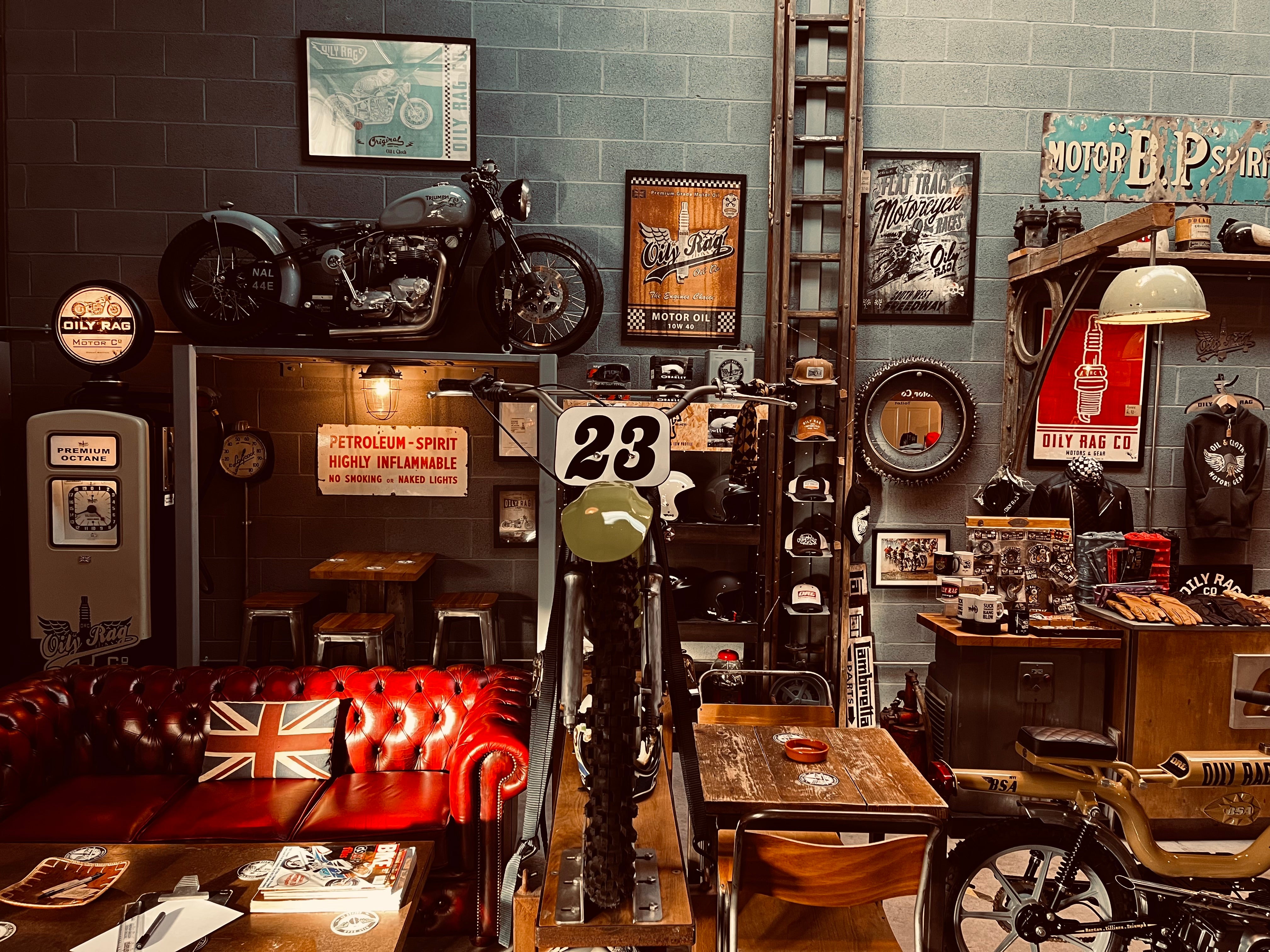 headquarters, red sofa, motorcycles, garage, hangout