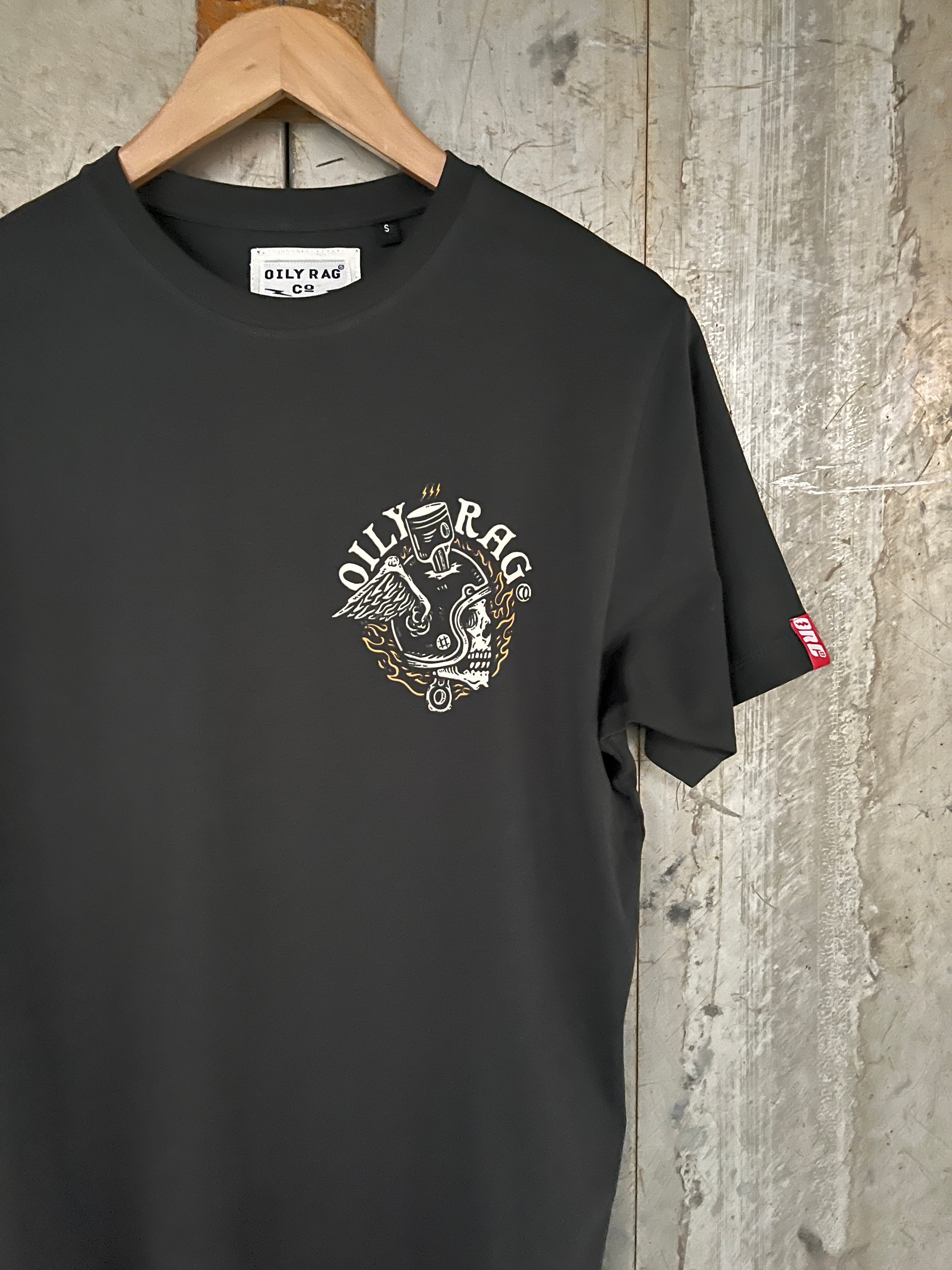 Flaming Helmet Skull T-Shirt - Ash Black - Black Label Collection