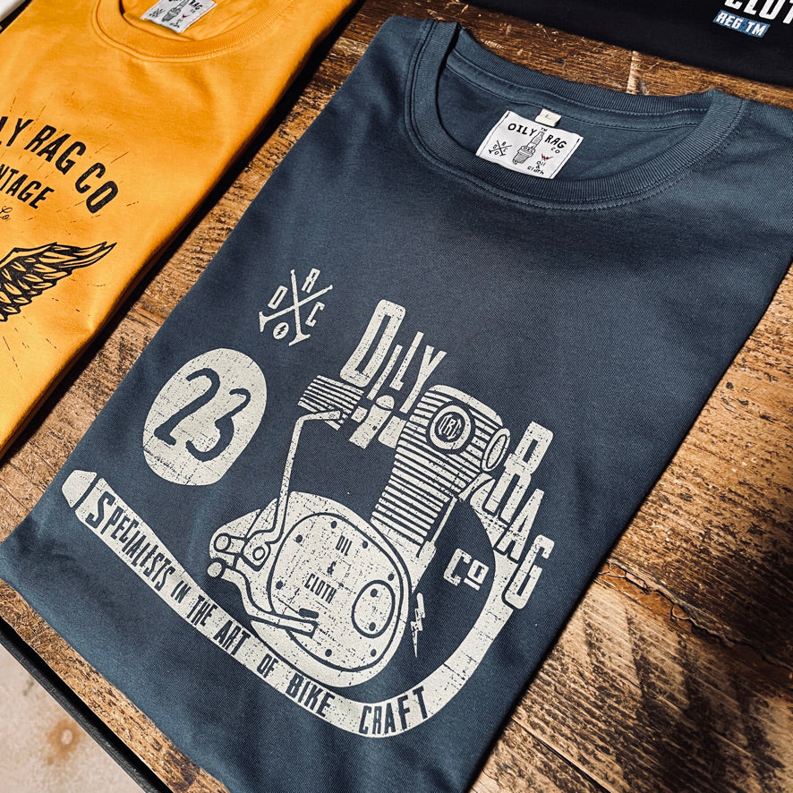 petrolhead, tshirt, mens tshirt, motorbike, motorcycle engine, biker, motorcyclist, denim, blue cotton