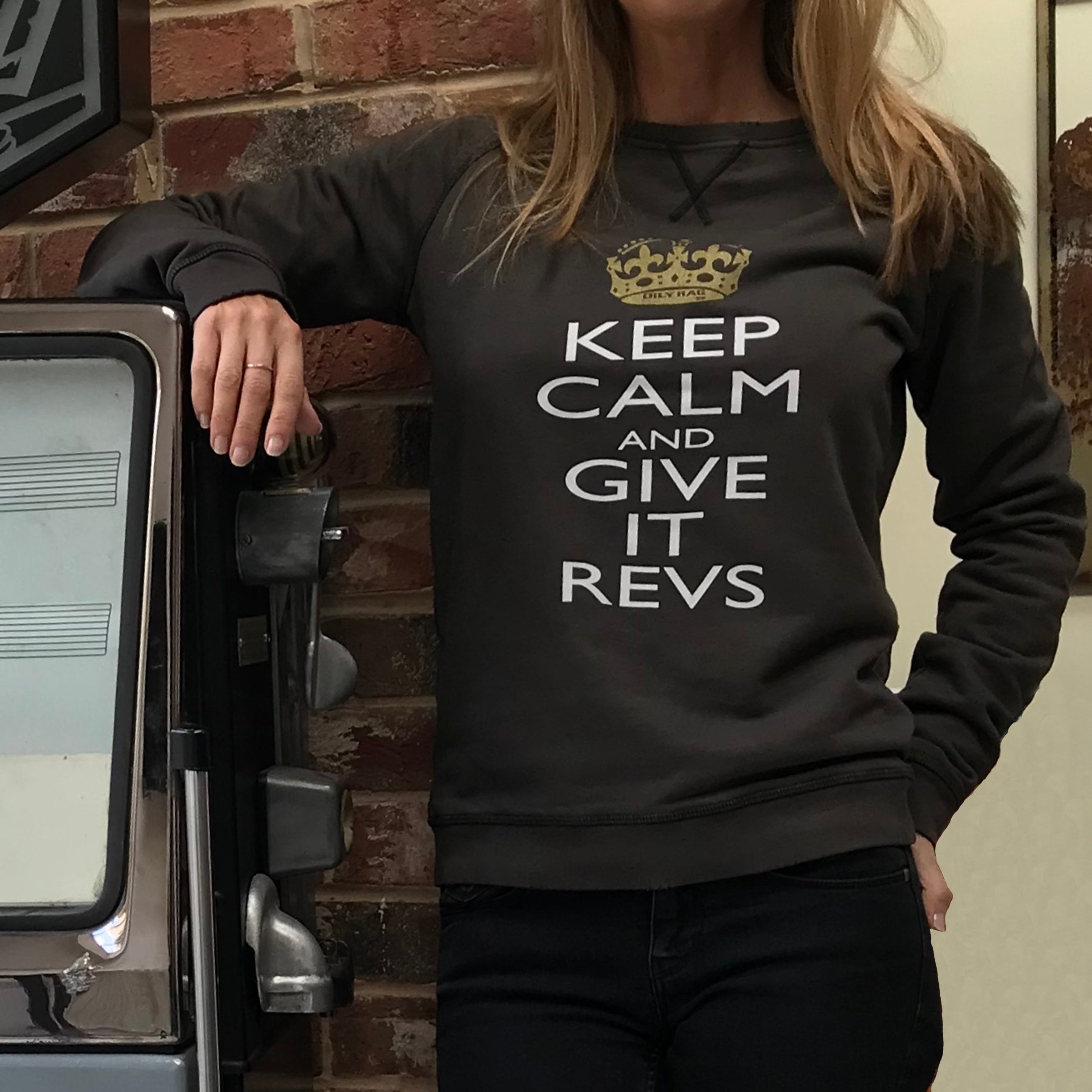 Womens Keep Calm & Give It Revs Sweatshirt - Khaki Brown