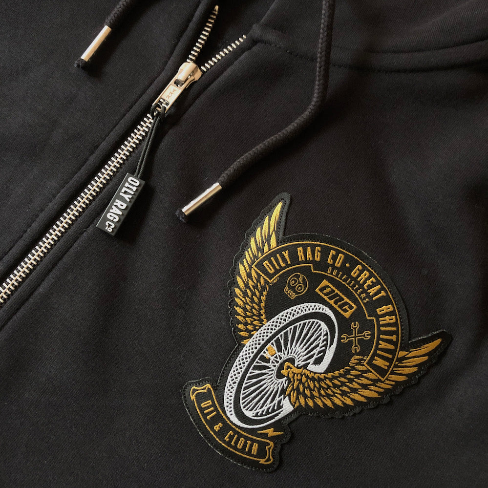 woven badge, wings, motorcycle, wheel