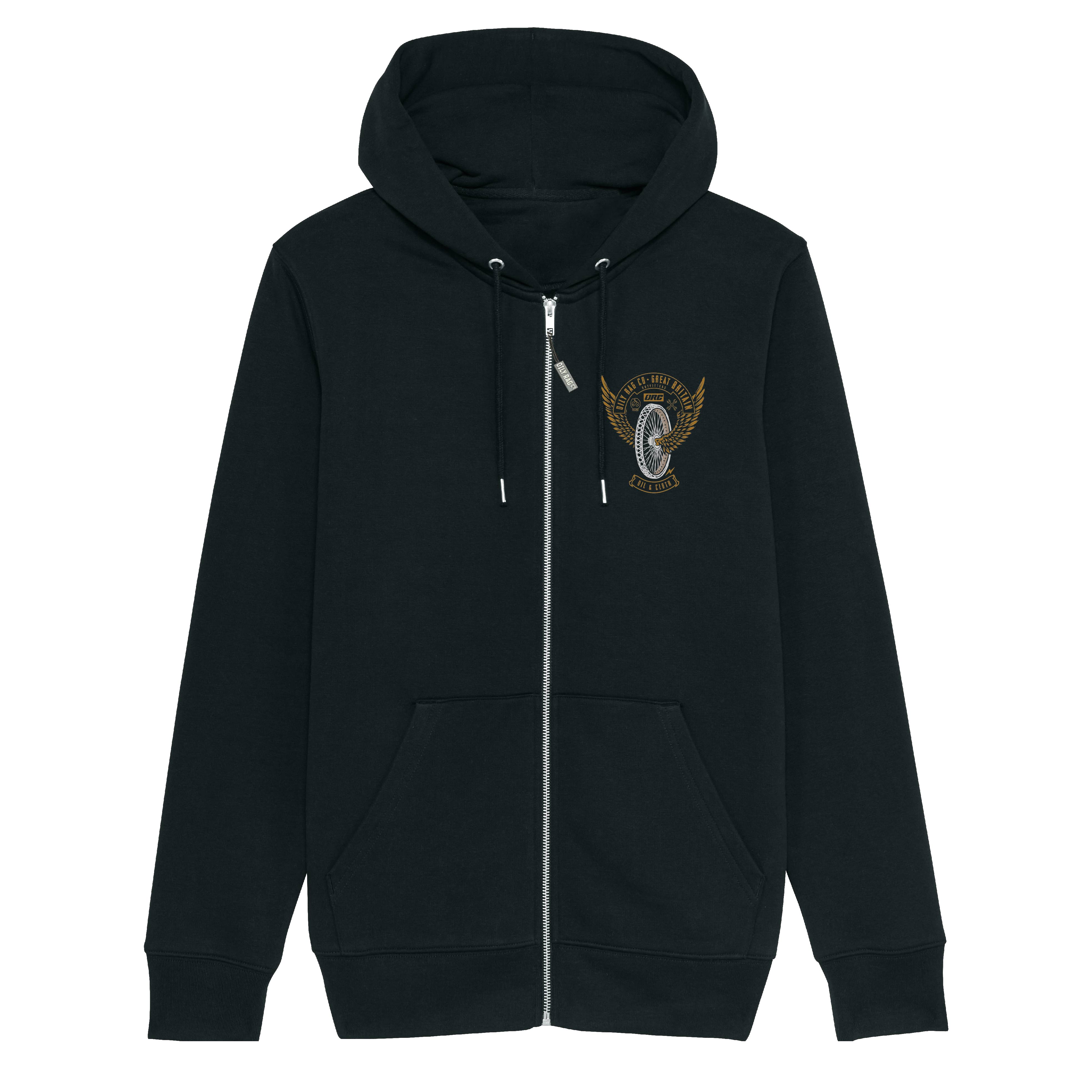 Winged Wheel Woven Badge Zip-Thru Hoodie - Black | Oily Rag Co